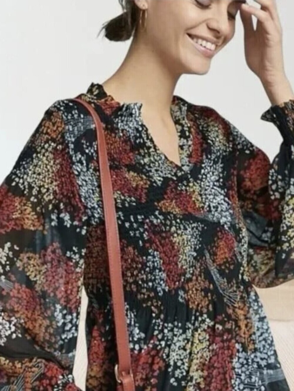 Anthropologie Akemi Kin Adria Smocked Blouse M Floral Mesh Whimsigoth Boho - Picture 7 of 16